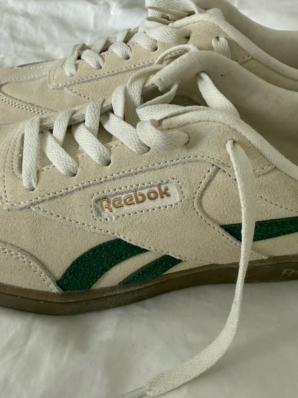 Woman’s 7 Reebok Cream Suede Sneakers with Green Logo Stripe